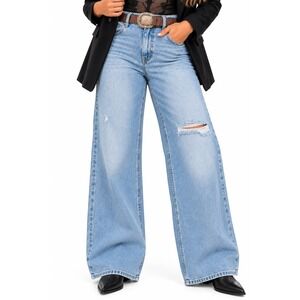 FRAYED Jeans Womens 31 High Rise Wide Leg Distressed Ripped Light Wash JFRYB031